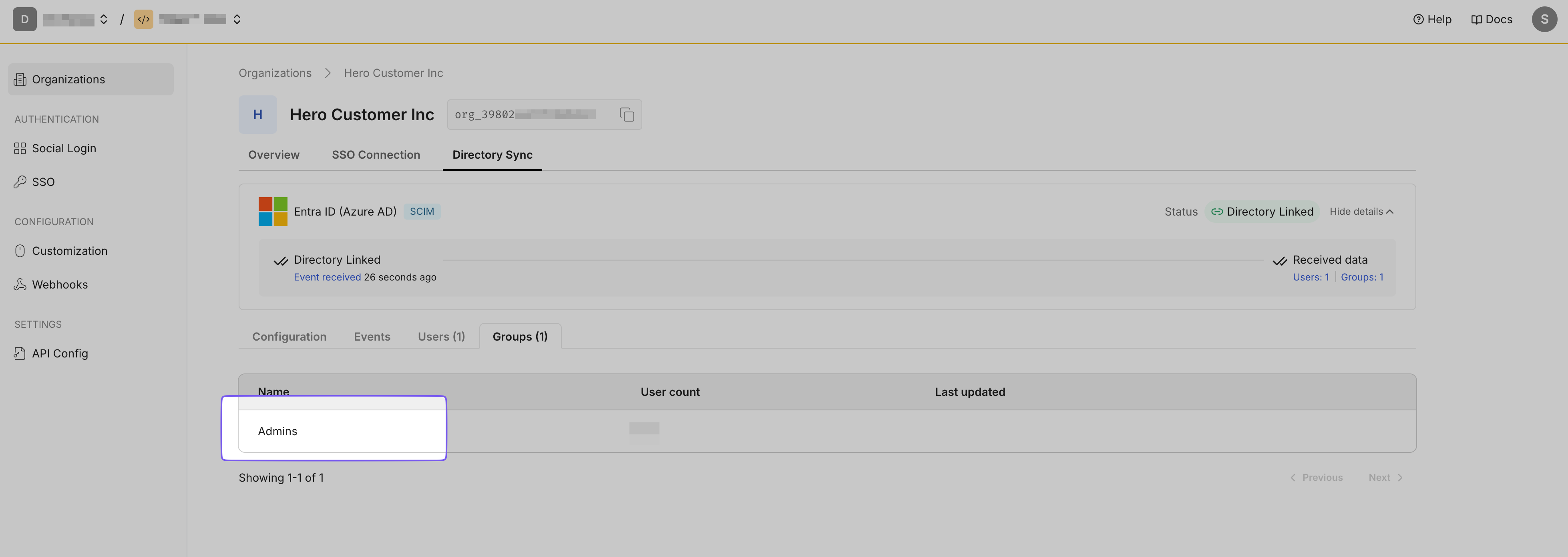 Group (Admins) provisioned in the admin portal.