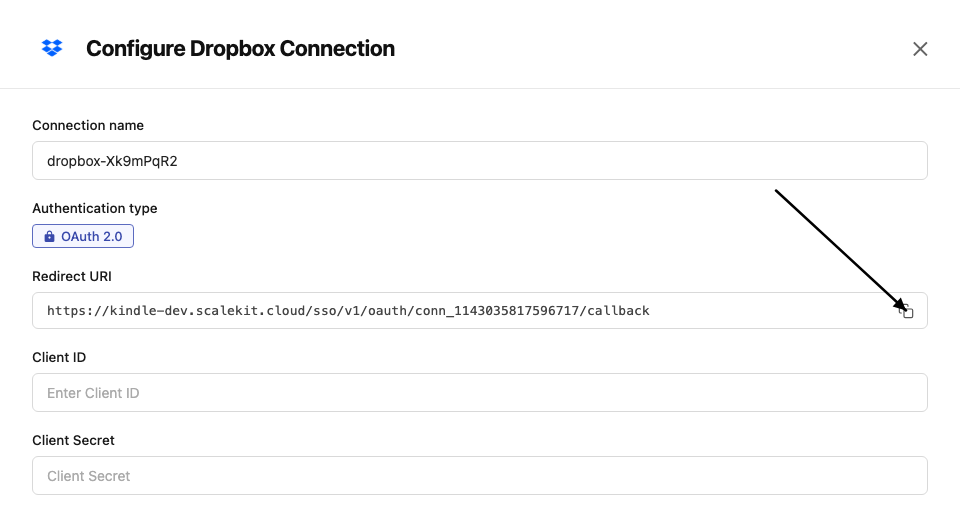 Configure Dropbox Connection with redirect URI